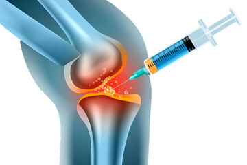 Knee joint, receiving an injection of fluid, cutout, PNG isolated on white or transparent background