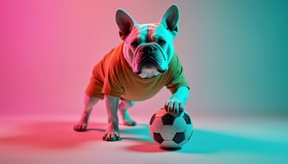 Bulldog in t-shirt plays soccer ball in studio. Vibrant pink and blue lights create a fun, energetic mood. Captures playful animal in action with sports equipment, perfect for playful themes.