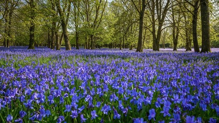 A field of blue irises in a forest clearing during springtime.
