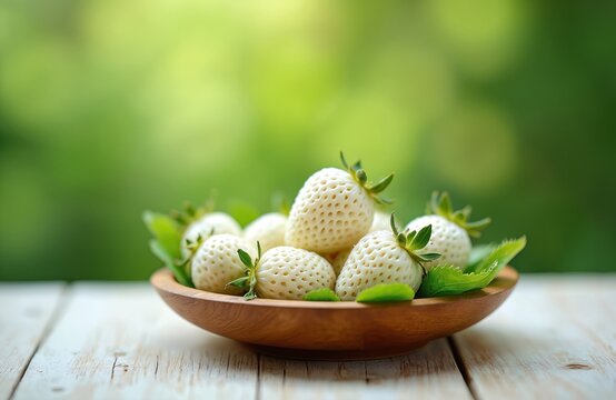 White strawberries pineberries in wooden bowl. Rare fruit with green leaves on light table outdoors. Sweet healthy snack grows in garden, pure nature background. Organic food for summer diet.