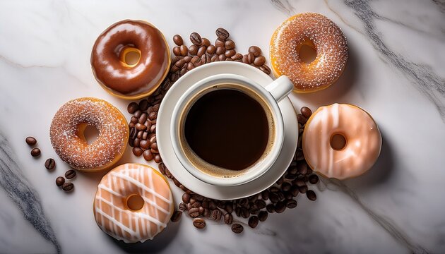 freshly brewed coffee in white cup surrounded by coffee beans and glazed donuts on a marble surface perfect for morning treat and sweet snack