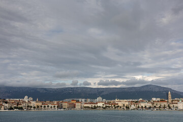 Scenic Coastal View of a Mediterranean Town With Mountains and Waterfront, Split, Croatia