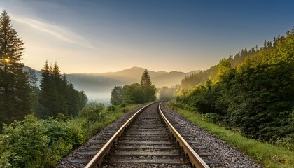 abandoned railway tracks surrounded by lush trees and misty mountains at sunrise