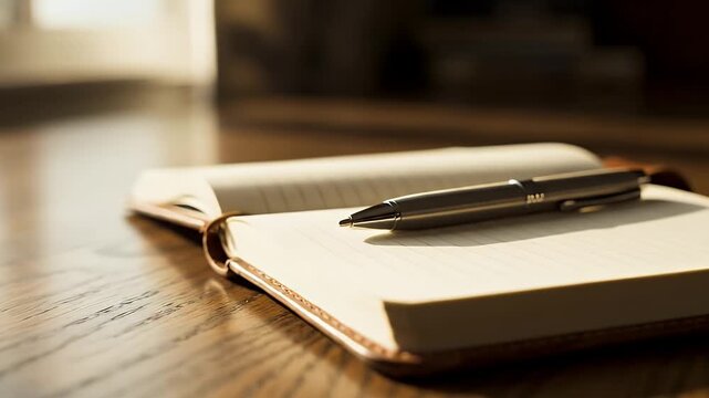 Open Notebook with Pen on Wooden Desk in Warm Sunlight