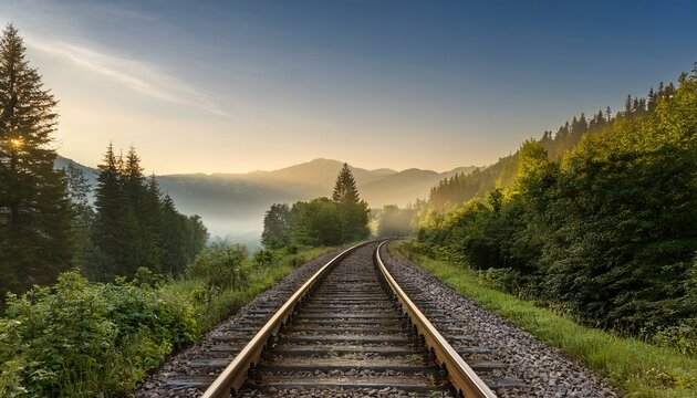 abandoned railway tracks surrounded by lush trees and misty mountains at sunrise