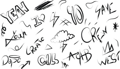 a chaotic collection of handwritten words and scribbles creating a raw expressive and energetic visual aesthetic
