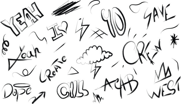 a chaotic collection of handwritten words and scribbles creating a raw expressive and energetic visual aesthetic