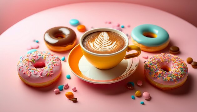 colorful coffee cup surrounded by assorted donuts on a soft pink background perfect for morning routine cafe scene and sweet treat inspiration for food enthusiasts
