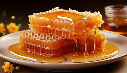 delightful scene featuring golden honeycomb and dripping honey on a white plate evoking sweetness and natural ingredients for culinary inspiration