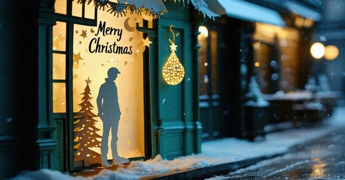 Festive shopfront scene. Silhouette stands before window displaying Christmas message, lights, tree. Snow covers street, creating winter ambiance.