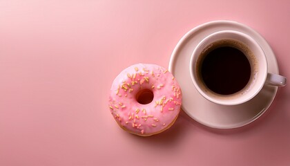 delicious pink frosted donut next to a blank coffee cup on a soft pink background perfect for sweet treats and beverage promotions