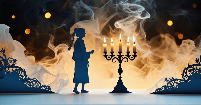 Silhouette depicts young girl facing ornate candelabra. Smoke swirls around warm light, creating dramatic scene. Papercraft style evokes mystery.