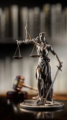 Legal Concept: Themis is the goddess of justice and the judge's gavel hammer as a symbol of law and order on the background of books