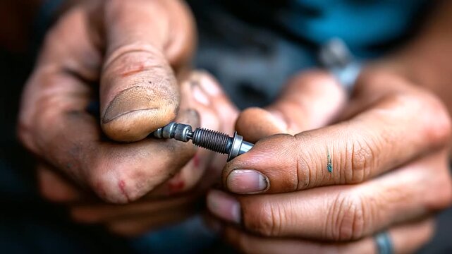 Close-up oil-stained hands threading spark plug, skin texture, veins, realism, mechanic, precision, detail, craft, macro hands, with copy space