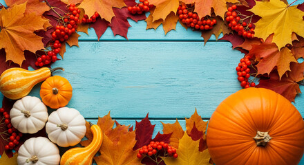 Autumnal flat lay featuring colorful leaves, gourd, pumpkin and rowan berries on a blue wooden surface, symbolizing fall harvest and Thanksgiving season