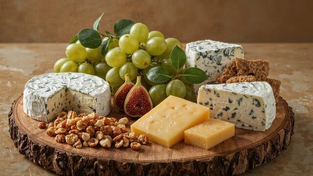 Assorted cheeses with grapes, figs, walnuts, and bread on a wooden serving platter. - Powered by Adobe