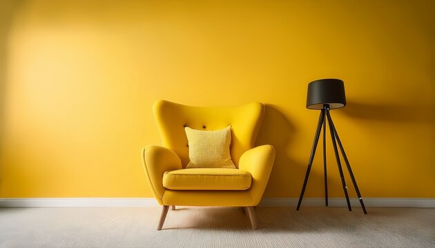 cozy yellow armchair against vibrant yellow wall ideal for modern interior design inspiration and colorful home decor aesthetics in contemporary spaces