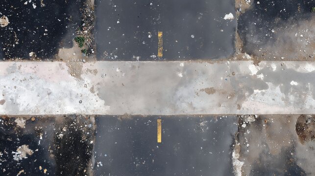 Cracked pavement reveals broken asphalt and faded road markings in urban area