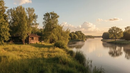River landscape with trees and houses along the shoreline during sunset, showing nature and tranquility.