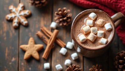 Hot cocoa drink with fluffy marshmallows, gingerbread cookies, cinnamon sticks on rustic wood table. Warm winter holiday beverage, sweet treats create festive mood. Christmas decor adds cozy feel