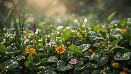 Colorful flowers blooming among green leaves with dew drops in a lush garden during early morning sunlight.