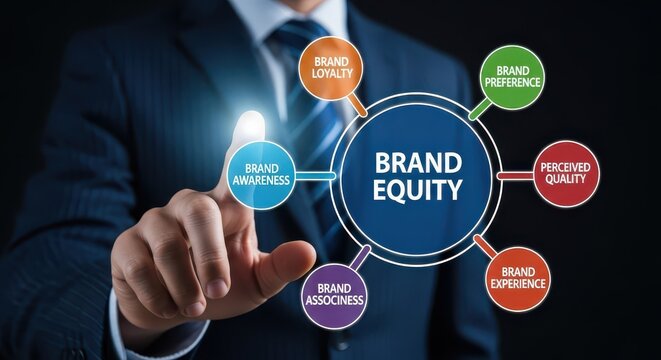 Businessman touching a holographic diagram displaying "BRAND EQUITY" surrounded by components like loyalty, awareness, and quality, symbolizing marketing strategy and business value.