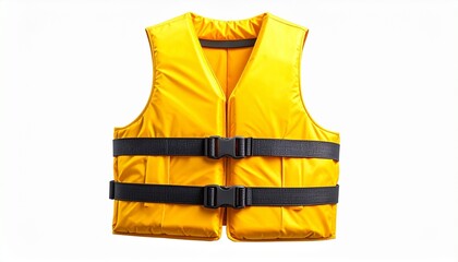A bright yellow life jacket with black adjustable straps and front pockets is displayed against a neutral backdrop