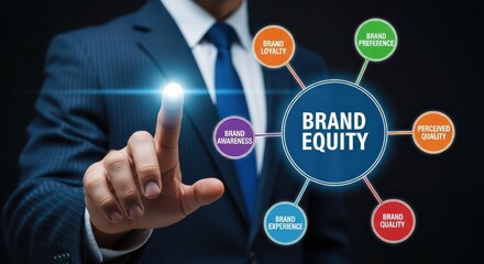 Businessman touching a holographic diagram displaying "BRAND EQUITY" surrounded by components like loyalty, awareness, and quality, symbolizing marketing strategy and business value.