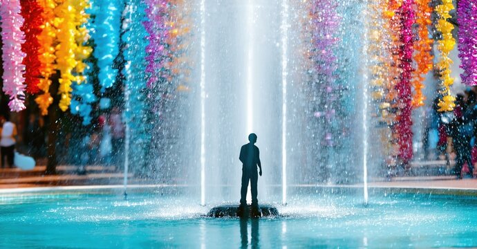 Colorful fountain scene. Silhouette stands amid water jets, vibrant decorations surround pool. Bright, dynamic composition.