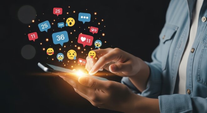 Person using a smartphone with a burst of floating social media notification icons, symbolizing online communication, digital marketing, and social network engagement.