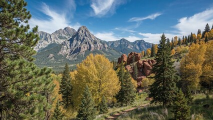 Fototapeta premium A scenic mountain landscape with trees, rocky formations, and a blue sky with clouds.