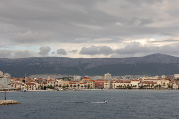Scenic Coastal View of a Mediterranean Town With Mountains and Waterfront, Split, Croatia