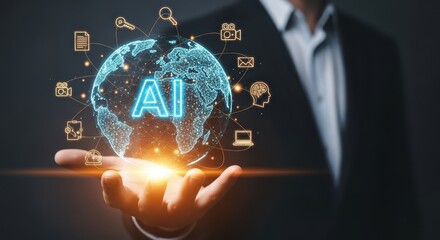 Businessman holding a glowing, networked digital globe with the text "AI," symbolizing global artificial intelligence, machine learning, and technological future.