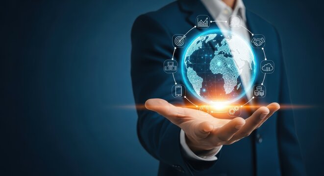 Businessman Holding Digital Glowing Earth Globe with Holographic Icons Representing Global Business, Technology, and Connectivity.