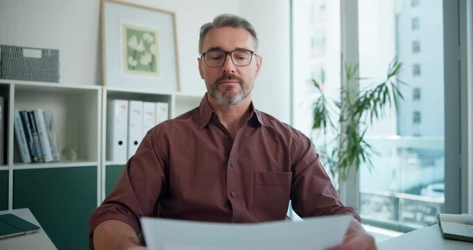 Businessman, face or video call with documents for online meeting or interview in office. Portrait, man or employer with CV, resume or candidate application in POV for virtual discussion in workplace