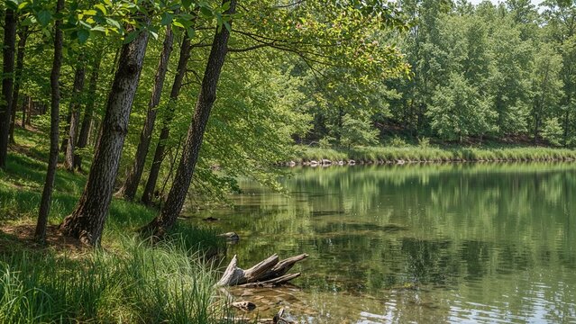 A peaceful lakeside scene with trees along the shore, lush green foliage, and reflections in the water.