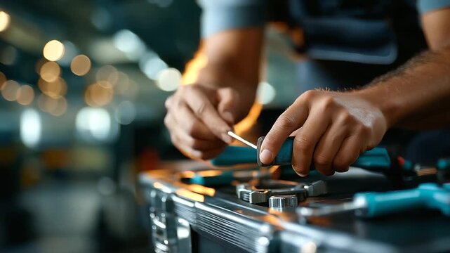 Mechanic rolling tool chest to bay, checking torque wrench calibration, realism, auto repair, shop life, precision, quality, with copy space