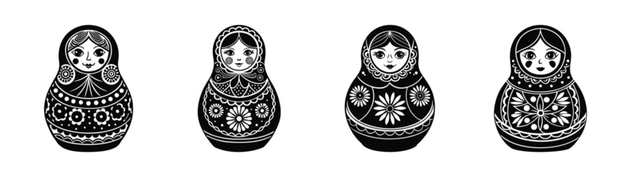 Set of russian nesting dolls matryoshka black and white vector illustration traditional toy souvenir art