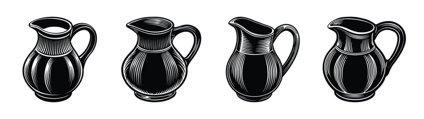 Vintage pitcher illustration set black and white antique jug drawing decorative drinkware design art