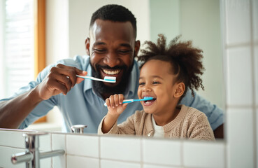 African father and daughter brush teeth together in bathroom mirror, smiling. Parent teaches child oral hygiene. Happy family morning routine at home, healthy lifestyle care.