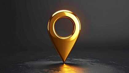 A glossy, three-dimensional golden map pin with a hollow circular center stands upright on a dark reflective surface