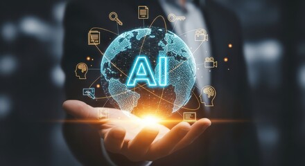 Businessman holding a glowing, networked digital globe with the text "AI," symbolizing global artificial intelligence, machine learning, and technological future.
