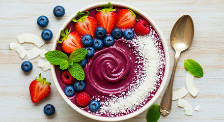 Acai Bowl with Fresh Fruits, Berries and Coconut Flakes