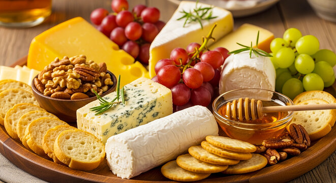 Cheese board with different types of cheese and crackers served on wood