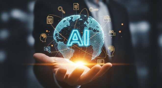 Businessman holding a glowing, networked digital globe with the text "AI," symbolizing global artificial intelligence, machine learning, and technological future. - Powered by Adobe