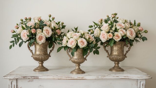 Three elegant vases filled with pink and white roses arranged on a rustic white table. - Powered by Adobe