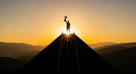 Triumphant silhouette of a man holding a trophy aloft on the peak of a pyramid structure during a fiery sunset, symbolizing ultimate achievement, success, and leadership.
