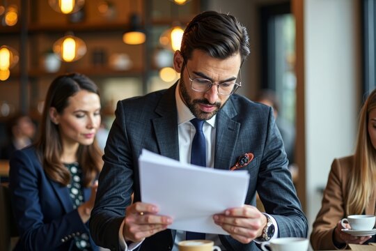 A stylish young attorney reviewing large legal documents in a hip coffee shop filled with millennials typing away on laptops and enjoying their lattes.
