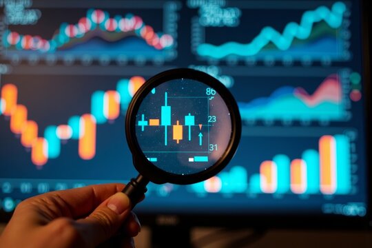 Close-up shot of hand with magnifying glass exploring vibrant abstract data visualizations on computer screen.