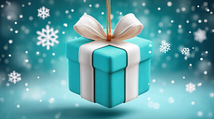 Turquoise gift box with white ribbon and snowflake background winter mood